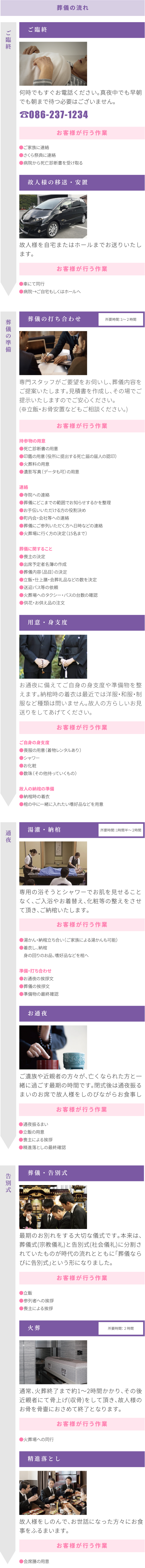 全体の流れを把握しておくことでご葬儀をスムーズに進めることにつながり、故人様との最期のお見送りをゆっくりとお過ごしいただけます。