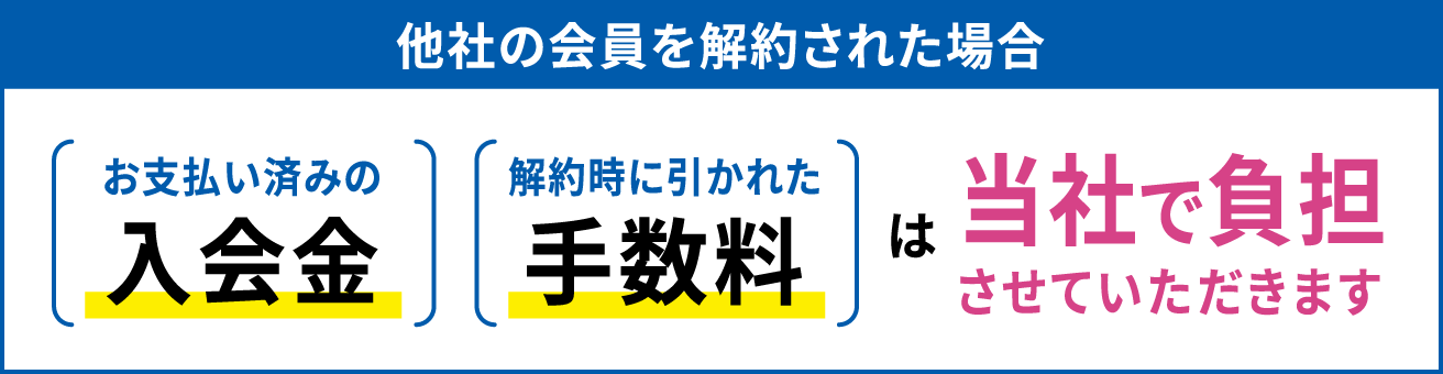 他社の会員を解約された場合、お支払い済みの入会金＆解約時に引かれた手数料は当社で負担させていただきます。